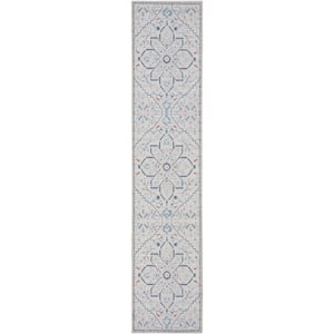 57 Grand Machine Washable Ivory Blue 2 ft. x 10 ft. Center Medallion Contemporary Runner Area Rug
