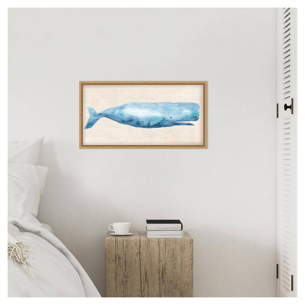 Rustic Whale I Blue Watercolor Canvas Print with Maple Frame