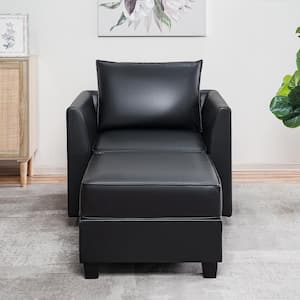 Contemporary 1-Piece Black Air Leather Straight Arm Accent Chair with Ottoman