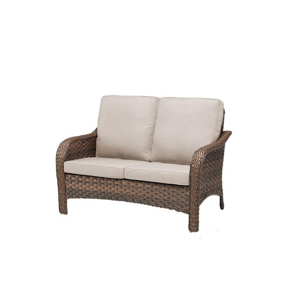 RoundEase 2-Seat Brown PE Wicker Outdoor Loveseat with 4 in. Olefin Beige Cushions/Patio Sofa Furniture