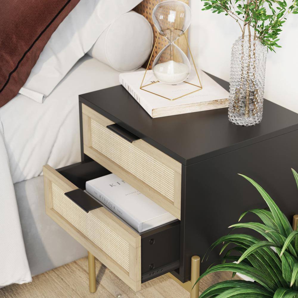 Andrew Black Oak Rattan End Table with Storage