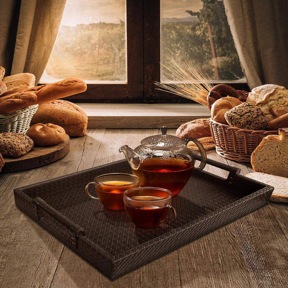 Brown Faux Leather Rectangular Serving Tray with Handles