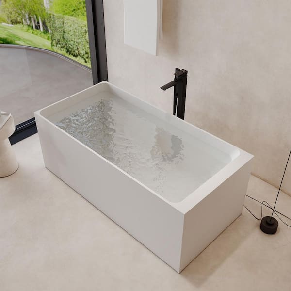 59 in. x 28.35 in. Freestanding Stone Resin Solid Surface Rectangular Soaking Bathtub in Matte White