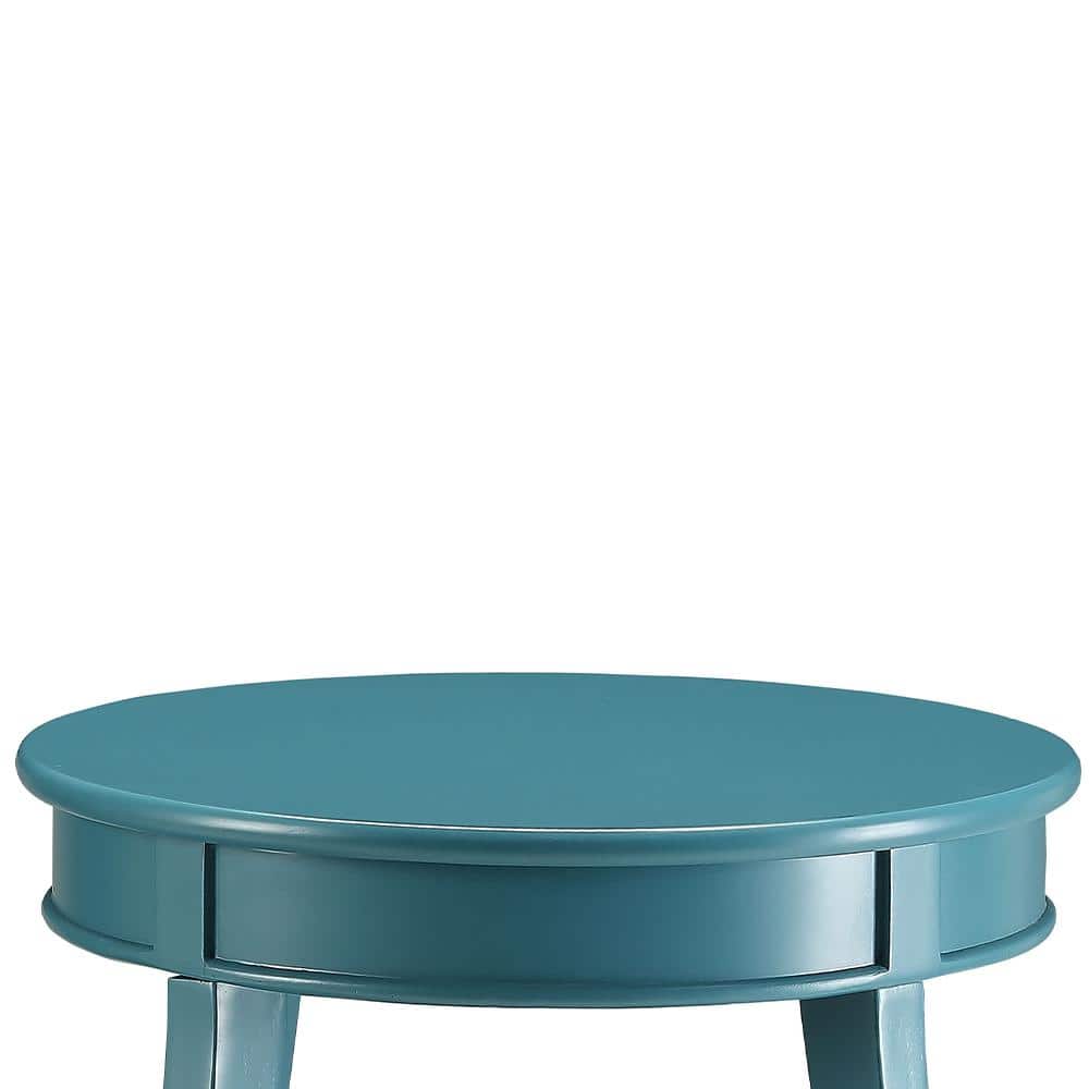 Teal Round Wooden Aberta Side Table with Stylized Legs and Shelf