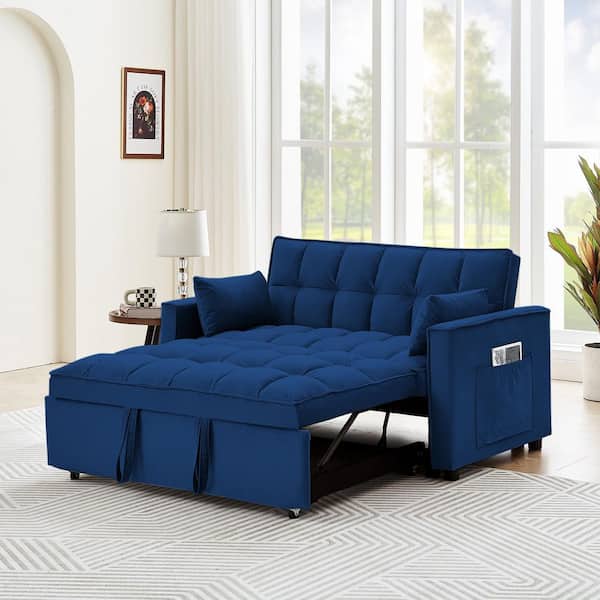 55 in. W 3-in-1 Convertible Velvet Sleeper Sofa Bed with 2 Pillows, Blue, 2-Seater Loveseat