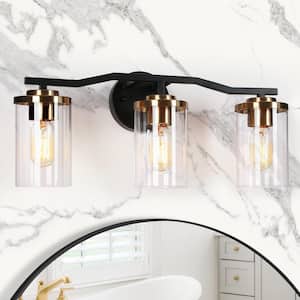 21 in. 3-Light Modern Brass Gold Bathroom Vanity Light, DIY Black Bath Light, Farmhouse Wall Sconce with Clear Glass