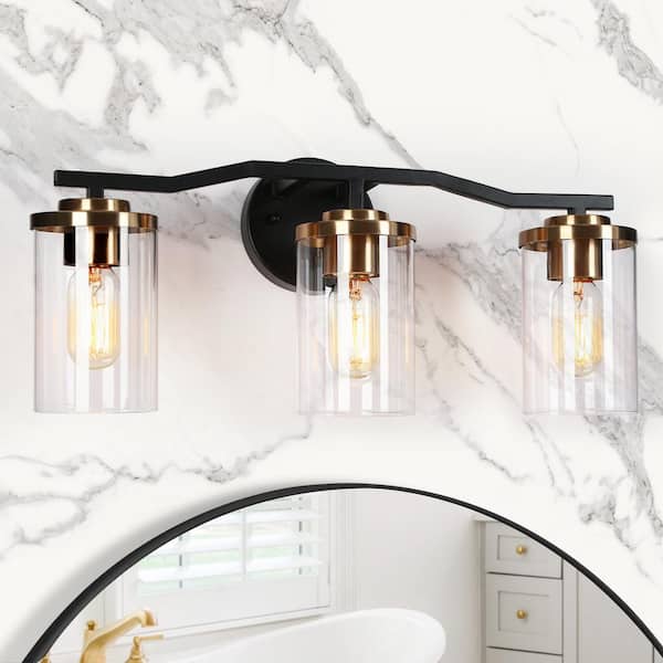 Zevni 21 in. 3-Light Modern Brass Gold Bathroom Vanity Light, DIY Black Bath Light, Farmhouse Wall Sconce with Clear Glass