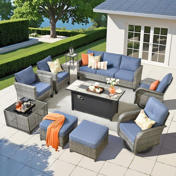 Scarlet 10-Piece Wicker Outdoor Fire Pit Patio Conversation Sofa Set with Swivel Chairs, a Table and Denim Blue Cushions