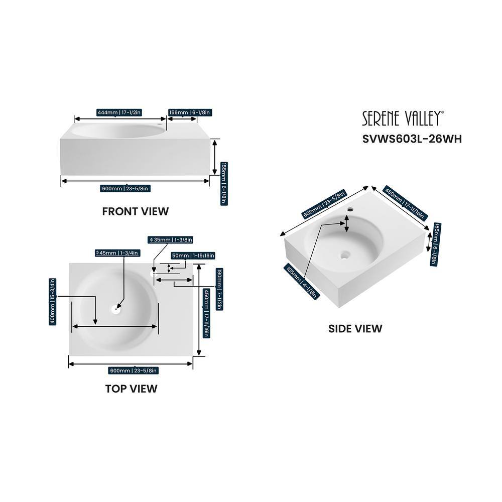 White Solid Surface Square Wall-Mount Bathroom Sink