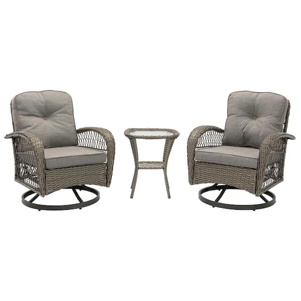 Anvil Natalie 3-Piece Gray Wicker Rocking Patio Conversation Set With Tempered Glass Tabletop and Gray Polyester Cushion