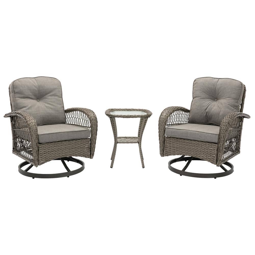 Natalie 3-Piece Gray Wicker Rocking Patio Conversation Set With Tempered Gl