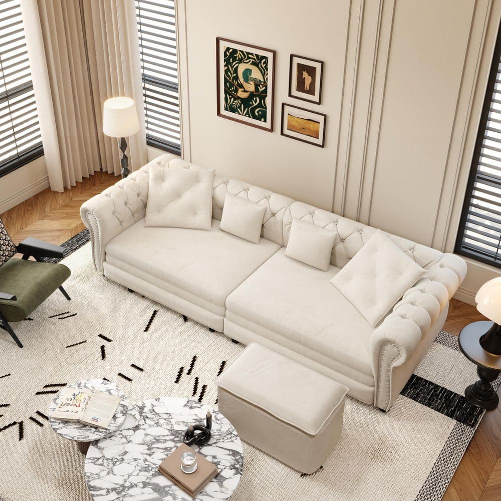 Norlin French 89 in. Rolled Arm Beige White Velvet Tufted Upholstered King Size Pull-Out Sofa Bed with Ottoman, Pillows price history on PriceWatchPro