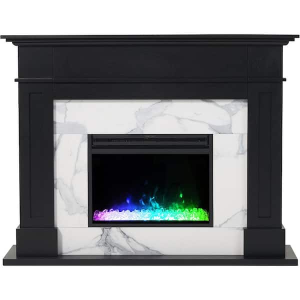 Sofia 53 in. Ventless Freestanding Electric Fireplace Mantel in Black with White Marble Inlay