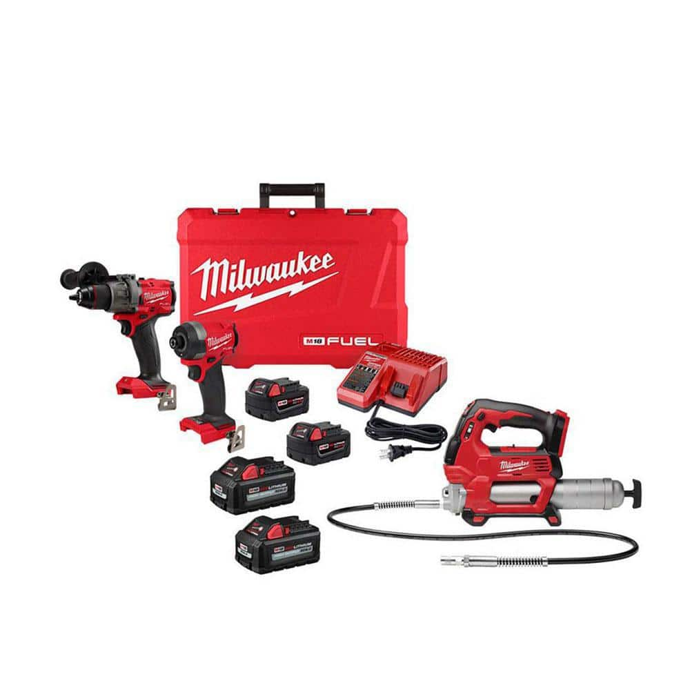 M18 FUEL 18-Volt Lithium-Ion Brushless Cordless Hammer Drill/Grease Gun/Impact Driver Combo Kit 3 Tool -  Milwaukee, 3697-22-2646