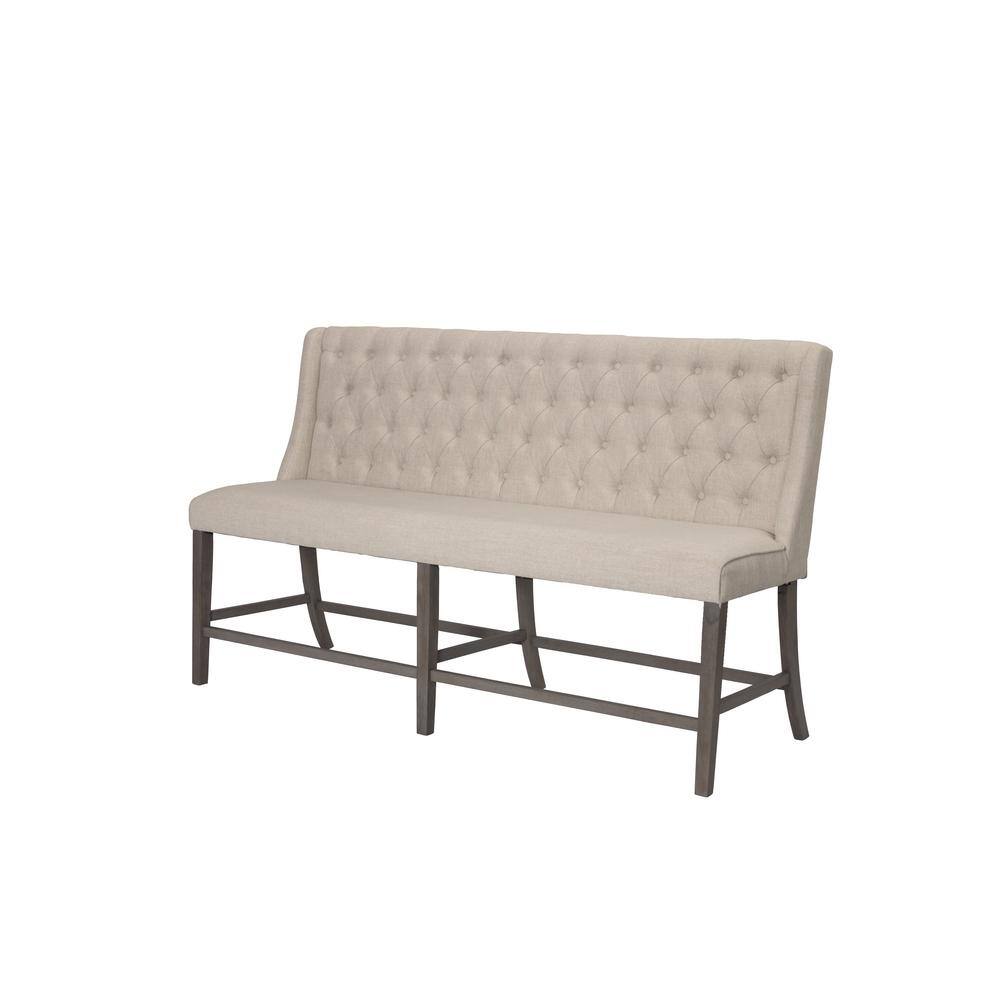 High-Back Rustic Beige Linen & Wood Dining Bench