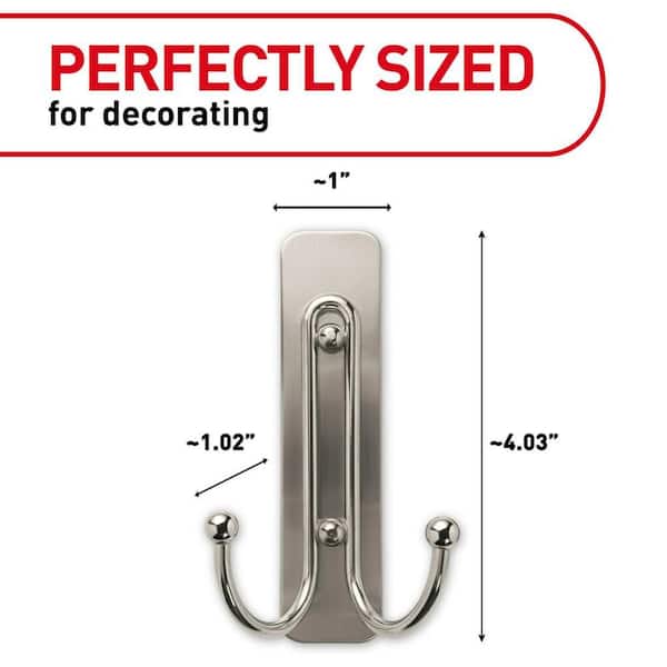 Large Double Wall Hooks, Brushed Nickel, Damage Free Decorating, 1 Hook