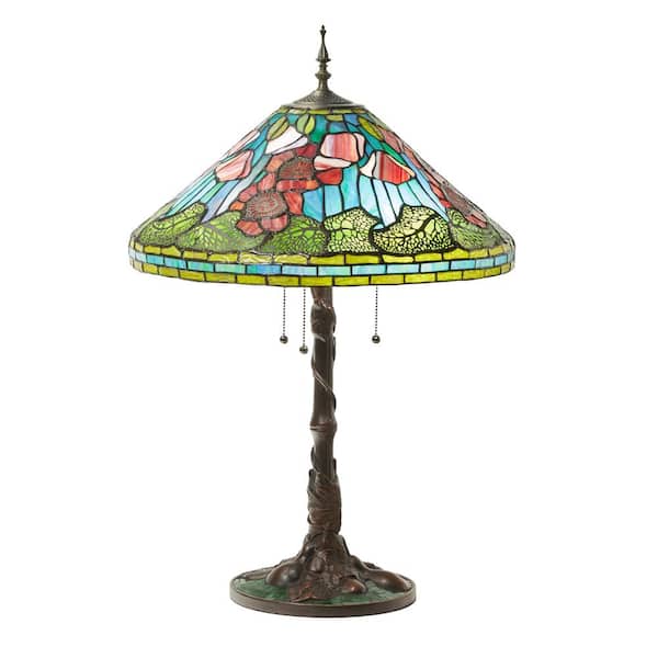 River of Goods Ava 29 .5 in. Antique Bronze Multi-Colored Poppies Tiffany-Style Stained Glass Table Lamp
