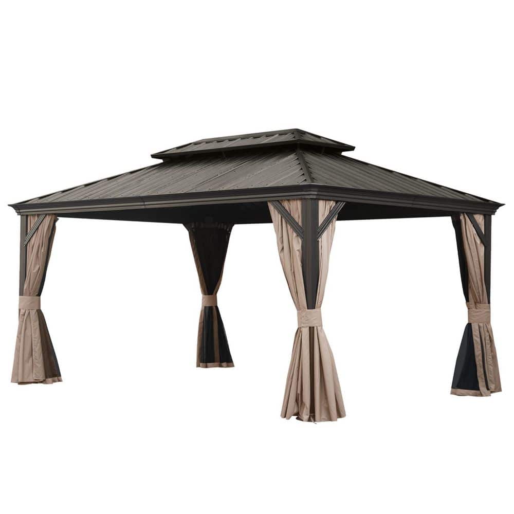12 ft. x 16 ft. Brown Outdoor Hardtop Gazebo with Dual-Layer Galvanized Steel Roof, Aluminum Frame, Curtains & Netting price history on PriceWatchPro
