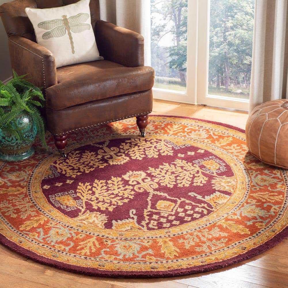 Handmade Red and Rust Round Wool Tufted Rug, 4' x 4'