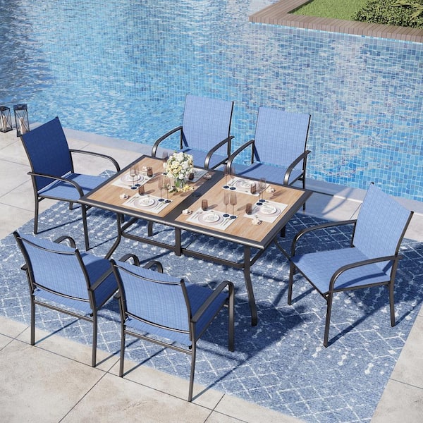 PHI VILLA Black 7-Piece Metal Outdoor Patio Dining Set with Wood-Look Umbrella Table and Blue Textilene Chairs