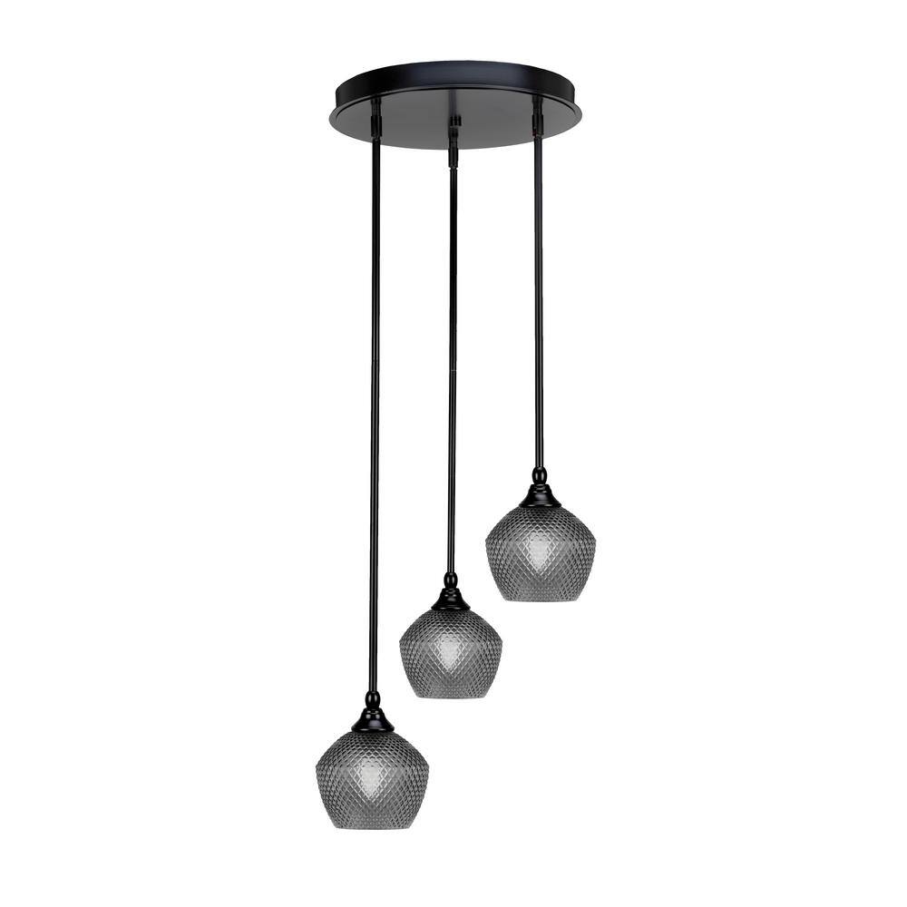 Villa 15 in. 3-Light Matte Black Cluster Pendant Light with 6 in. Smoke Tex