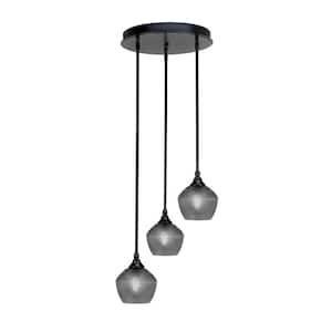 Villa 15 in. 3-Light Matte Black Cluster Pendant Light with 6 in. Smoke Textured Glass Shades, no bulbs included