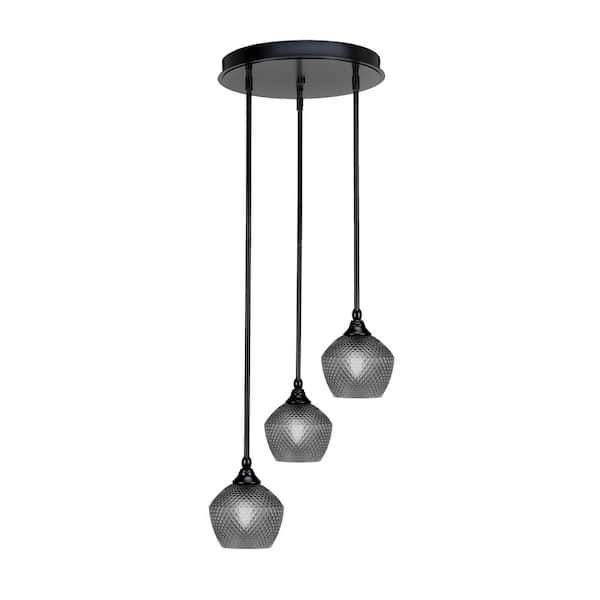 Unbranded Villa 15 in. 3-Light Matte Black Cluster Pendant Light with 6 in. Smoke Textured Glass Shades, no bulbs included
