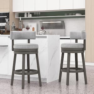 31 in. Grey Set of 2 Upholstered Swivel Bar Stools Wooden Bar Height Kitchen Chairs