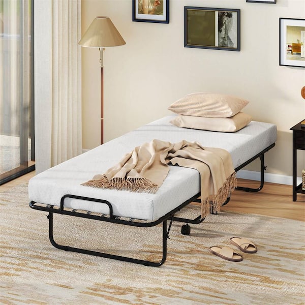 White Twin Rollaway Bed with Mattress 74 in. x 31 in. Cot Size Rolling Guest Bed Space Saving