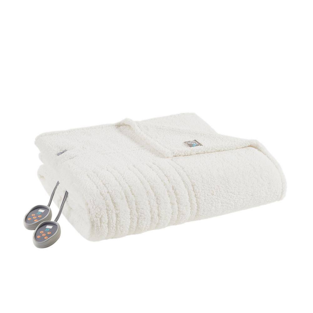 Full Ivory Sherpa Reversible Heated Blanket with Controllers