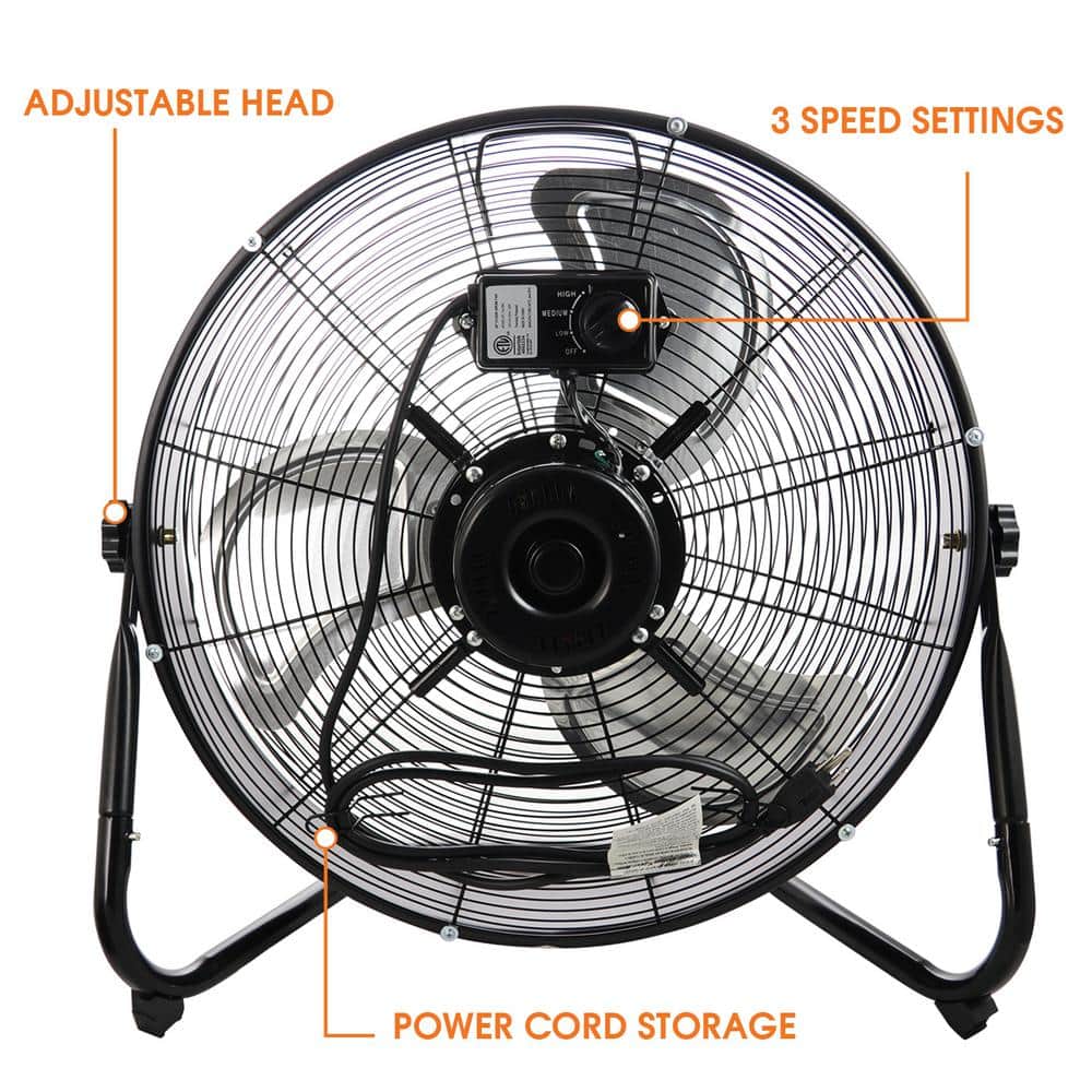 Tuxedo Black 20" Industrial Metal Floor Fan with 3-Speed & Tilt Head