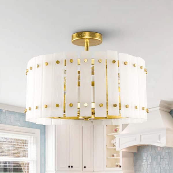 17.7 in. 4-Light Modern Drum Semi-Flush Mount Ceiling Light with Marble Shade