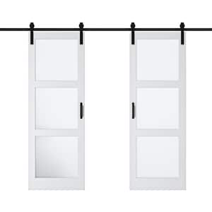 60 in. x 84 in. 3 Lite Tempered Frosted Glass White Finished Composite MDF Sliding Barn Door Slab with Hardware Kit