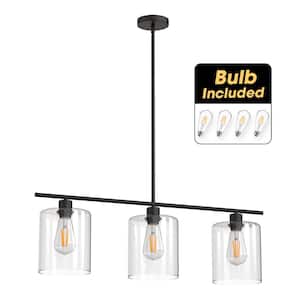 3-Light Black Industrial Island Pendant Light Fixtures, Linear Chandelier with Clear Glass Shade(Bulb Included)