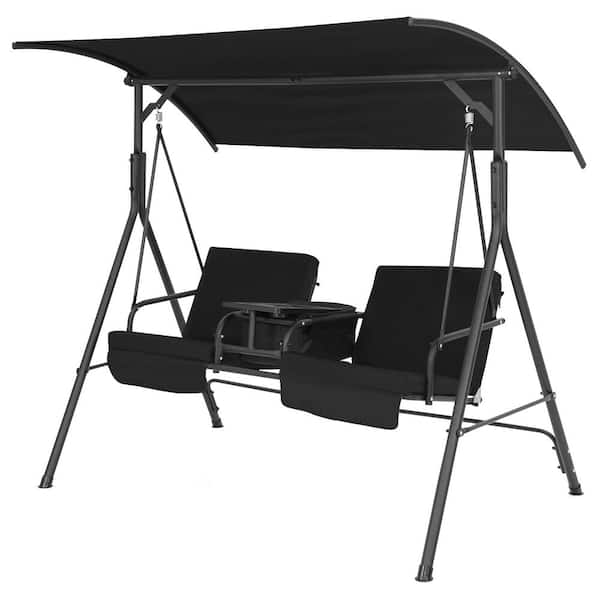 WELLFOR 2-Person Metal Patio Swing with Adjustable Canopy, 360° Rotatable Tray Middle Table with Cup Holder in Black