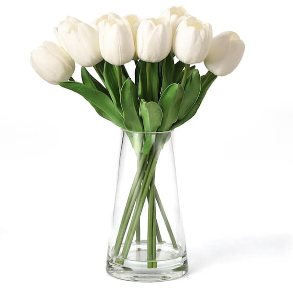 13.78 in. White Silk Tulip Bouquet in Clear Glass Vase – Artificial Flower Arrangement with Green Leaves