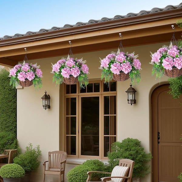 21.3 in. Pink Outdoor Artificial Hydrangea Flowers in Hanging