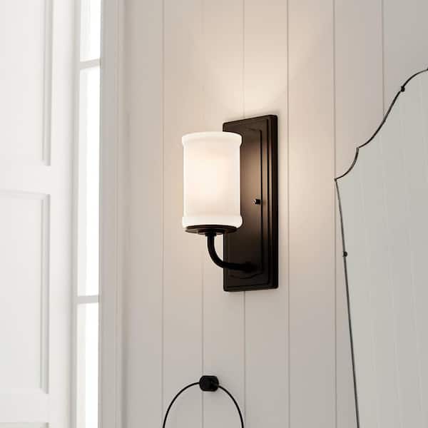 KICHLER Vetivene 1-Light Textured Black Bathroom Wall Sconce Light with Opal Glass