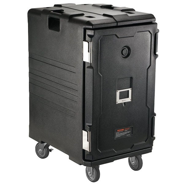 109 Qt. Black Polyethylene Insulated Food Pan Carrier, Specialty Flatware with Front Loading Food Warmer, Handles