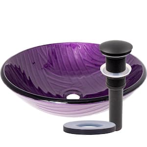 Viola Hand Painted Purple Glass Round Bathroom Vessel Sink with Drain in Oil Rubbed Bronze
