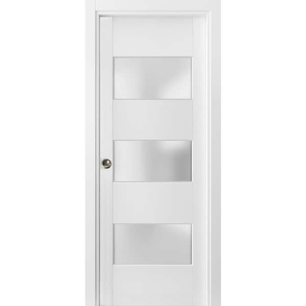 4070 28 in. x 80 in. 3 in. Panel White Finished Pine Wood Sliding Door with Pocket Hardware
