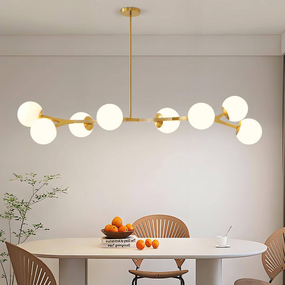 KAISITE 55 in. 8-Light Gold Vintage Hanging Light With Fluted Milk