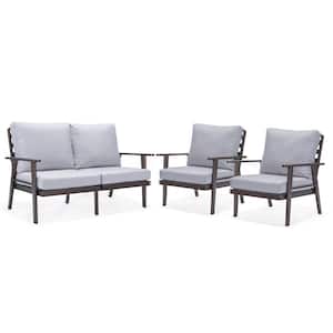 Walbrooke Brown 3-Piece Aluminum Patio Set with Removable Light Grey Cushions Loveseat and Armchairs (Set of 2)