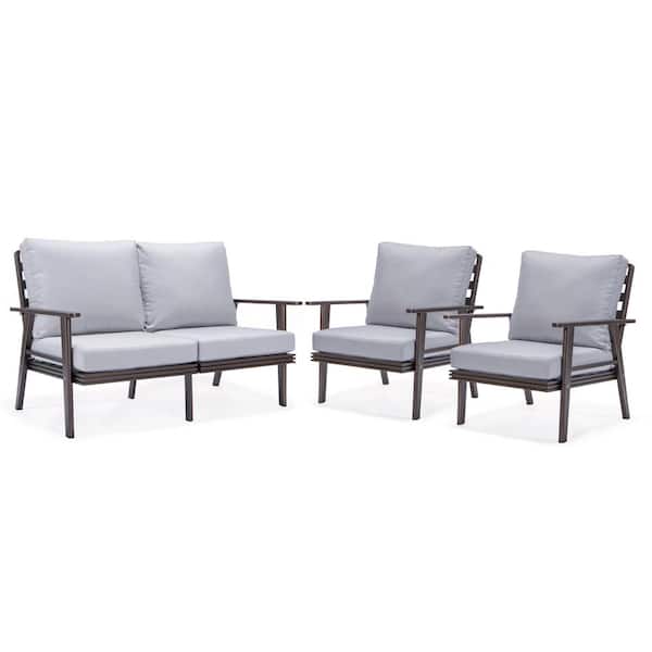 Leisuremod Walbrooke Brown 3-Piece Aluminum Patio Set with Removable Light Grey Cushions Loveseat and Armchairs (Set of 2)