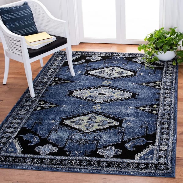 Vintage Hamadan Blue/Black 5 ft. x 8 ft. Border Medallion Floral Area Rug