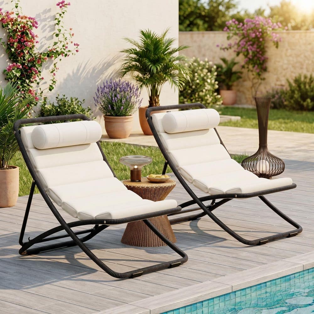 Black Metal Folding Outdoor Lounge Chairs, Rattan-Wrapped Patio Chairs with Adjustable Backrest, Beige Cushion (2-Pack) price history on PriceWatchPro