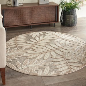 Aloha Natural 4 ft. Round Floral Modern Indoor/Outdoor Patio Area Rug
