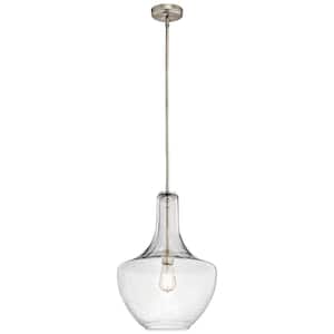 Everly 19.75 in. 1-Light Brushed Nickel Transitional Shaded Kitchen Bell Pendant Hanging Light with Clear Seeded Glass