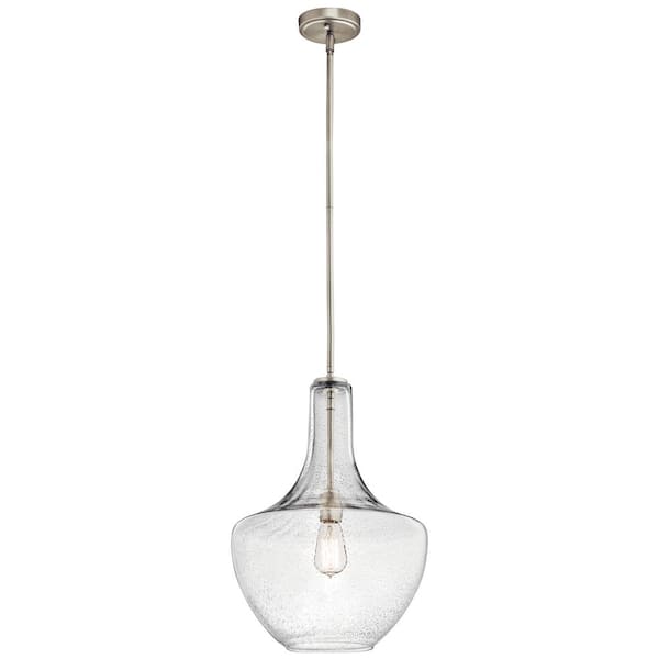 KICHLER Everly 19.75 in. 1-Light Brushed Nickel Transitional Shaded Kitchen Bell Pendant Hanging Light with Clear Seeded Glass