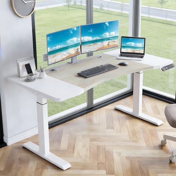 Darex Modern 63 in. White + Oak Wood and Metal Curve Electric Height-Adjustable Computer Desk